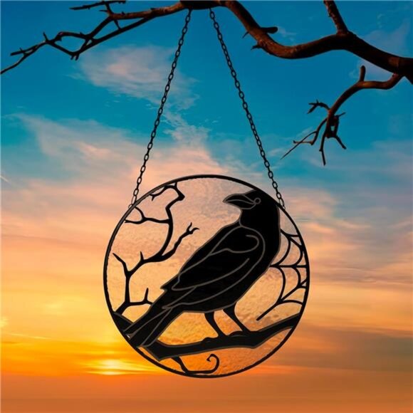 Raven Stained Glass Suncatcher Window Hanging Decoration, Halloween Gothic Crow - Picture 2 of 7